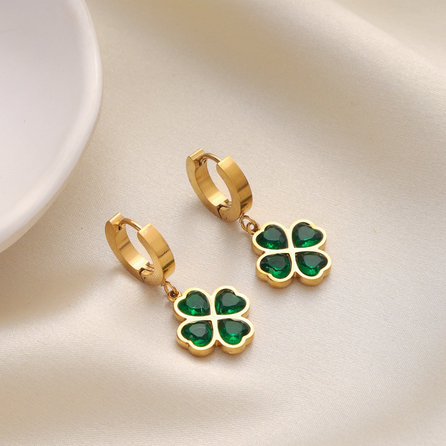 Emerald Clover Charm Hoop Earrings