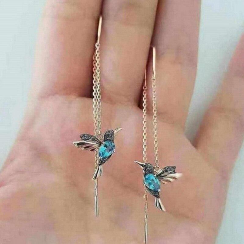 Crystal Hummingbird Threader Earrings – Gold Chain Drop