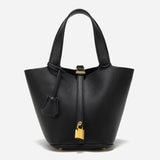 Minimalist Leather Bucket Bag with Gold Lock – Sleek Design