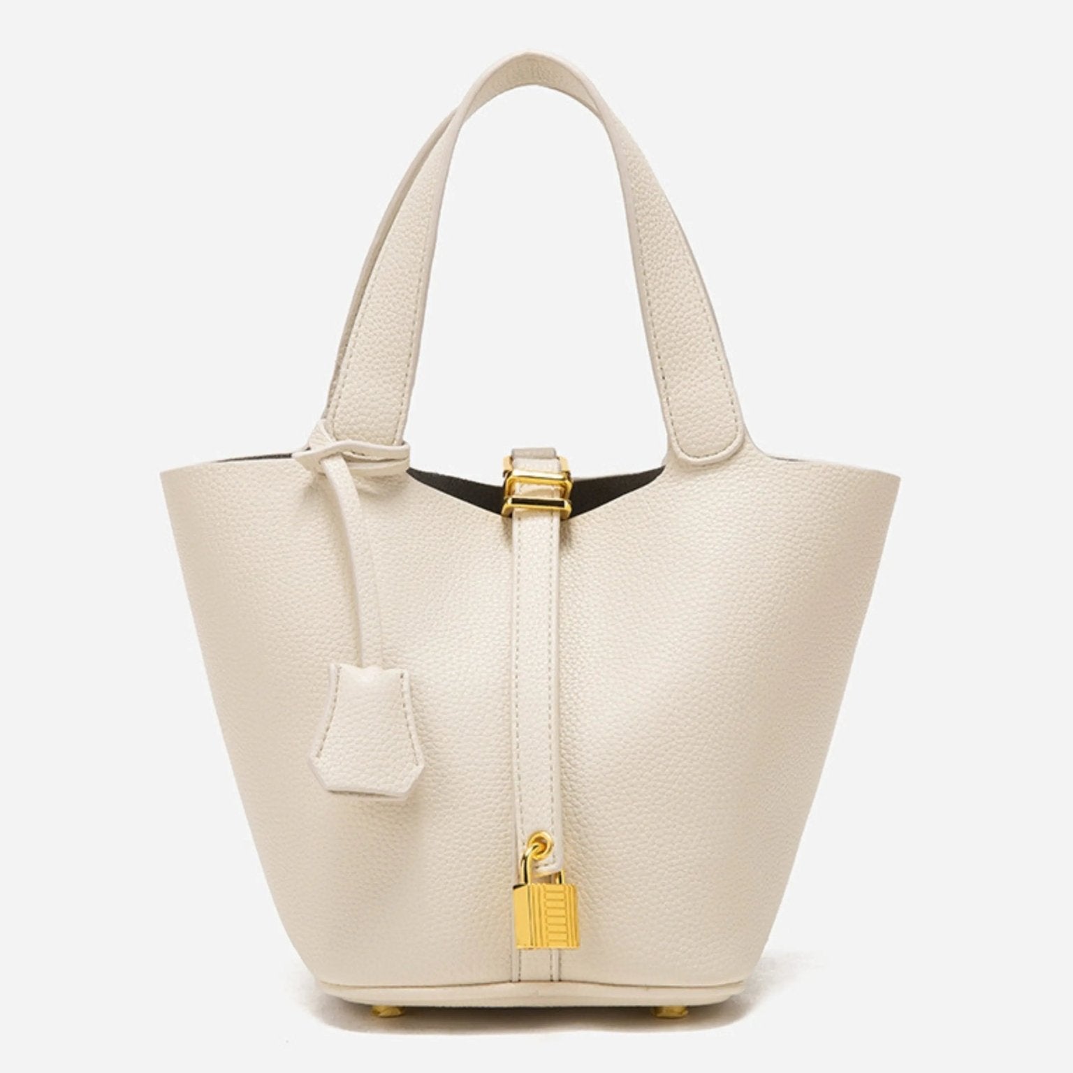 Minimalist Leather Bucket Bag with Gold Lock – Sleek Design