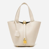 Minimalist Leather Bucket Bag with Gold Lock – Sleek Design