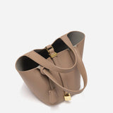 Minimalist Leather Bucket Bag with Gold Lock – Sleek Design
