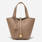 Minimalist Leather Bucket Bag with Gold Lock – Sleek Design