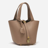 Minimalist Leather Bucket Bag with Gold Lock – Sleek Design