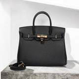 Structured Leather Work Bag with Gold Lock