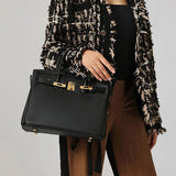 Structured Leather Work Bag with Gold Lock