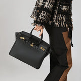 Structured Leather Work Bag with Gold Lock