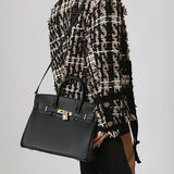 Structured Leather Work Bag with Gold Lock